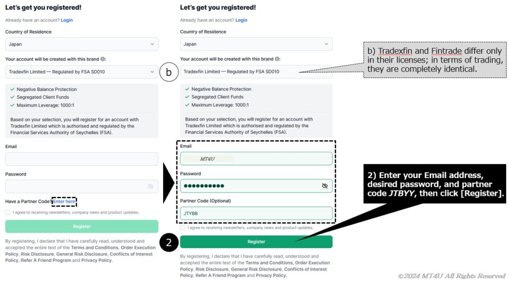 Enter personal details to open an account and click the register button