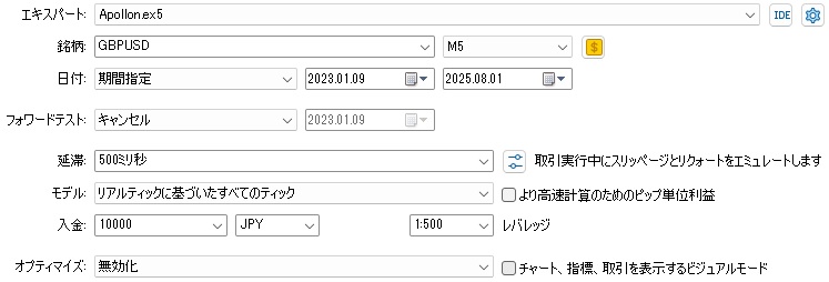 無料EA Apollon GBPUSD×5分足、最適化の環境設定